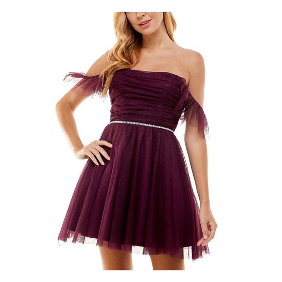 CITY STUDIO Dresses & Skirts - CITY STUDIO Womens Purple Mesh Lined Belt Flutter Sleeve Short Dress 3